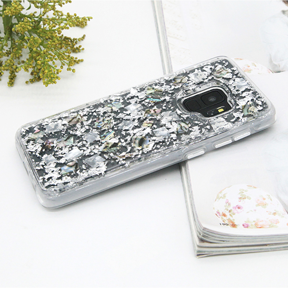 Galaxy S9 Luxury Glitter Dried Natural FLOWER Petal Clear Hybrid Case (Silver Pearl)